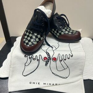 Chie Mihara Women's ‘Uptown’ Checkered Wedge Oxford- Black, Green, and Brown